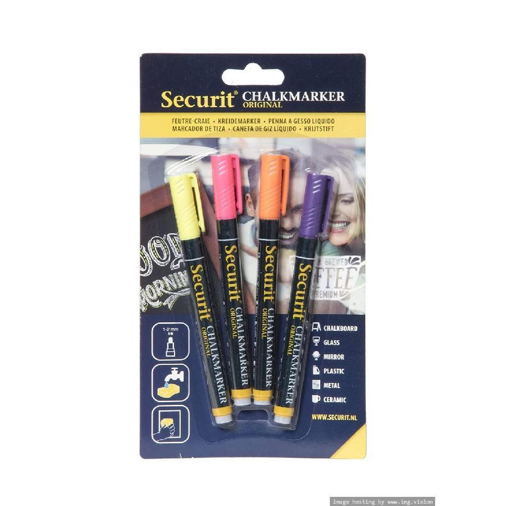 Securit Liquid Chalkmarker Tropical 1-2mm Nib Yellow, Pink, Orange & Violet Pack of 4 - 1
