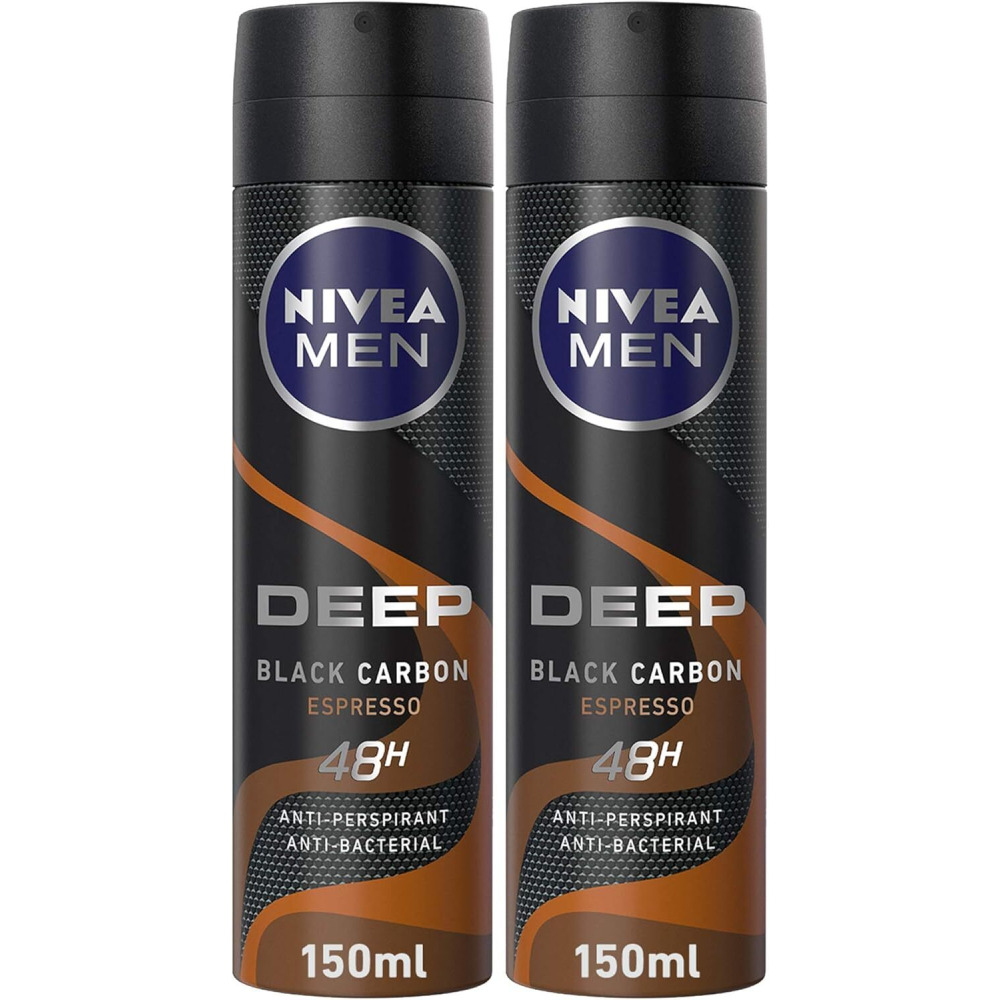 NIVEA MEN Antiperspirant Spray for Men, 48h Protection, DEEP Black Carbon Antibacterial, Espresso Scent, 2x150ml - 1