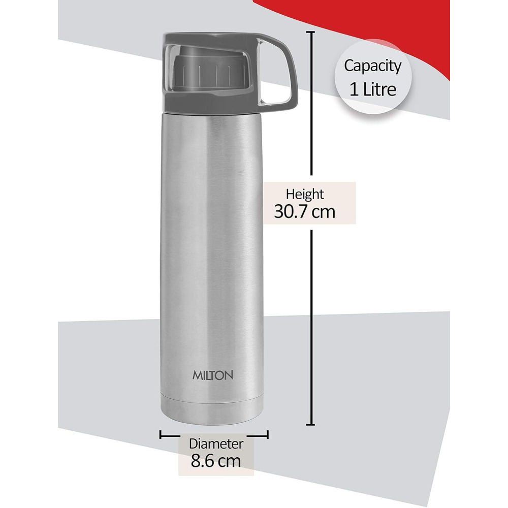 Milton Glassy 1000 Thermosteel 24 Hours Hot and Cold Water Bottle with Drinking Cup Lid, 1 Litre, Grey - 7