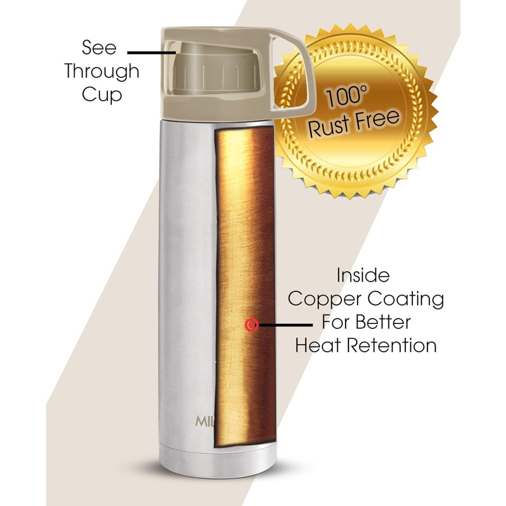 Milton Glassy 1000 Thermosteel 24 Hours Hot and Cold Water Bottle with Drinking Cup Lid, 1 Litre, Grey - 3