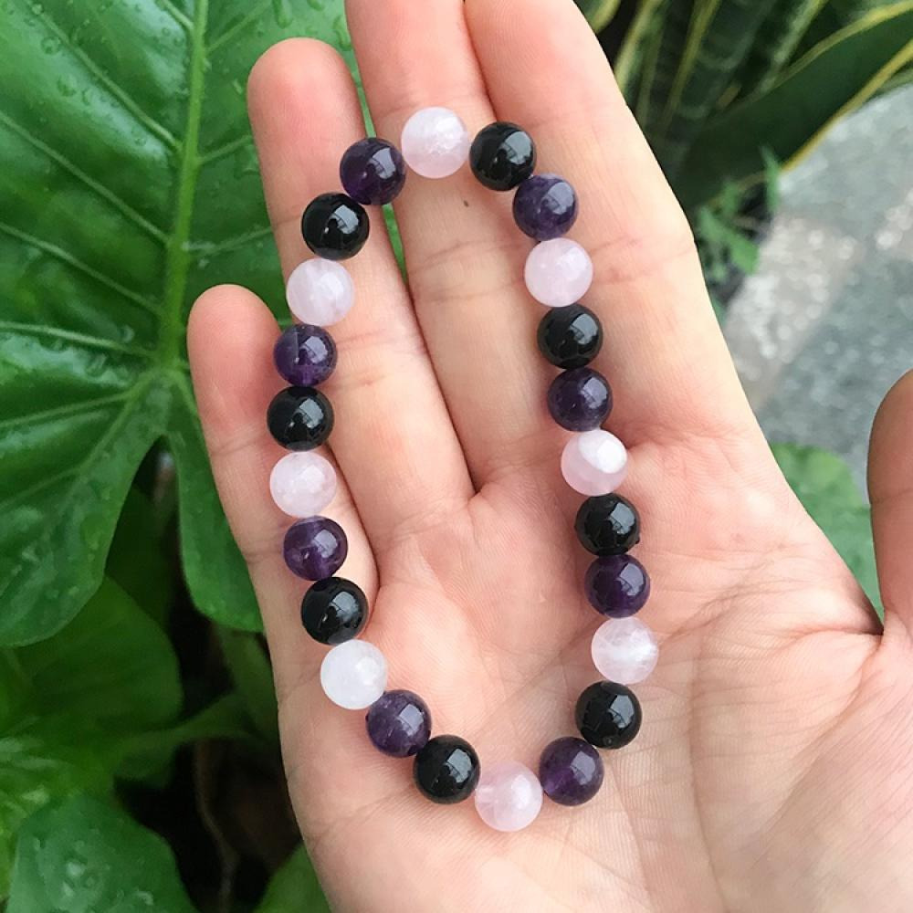 Genuine Natural Black Tourmaline Amethyst Rose Quartz Bracelets For Women 8mm Healing Crystal Stretch Round Bead Bracelet  - 4