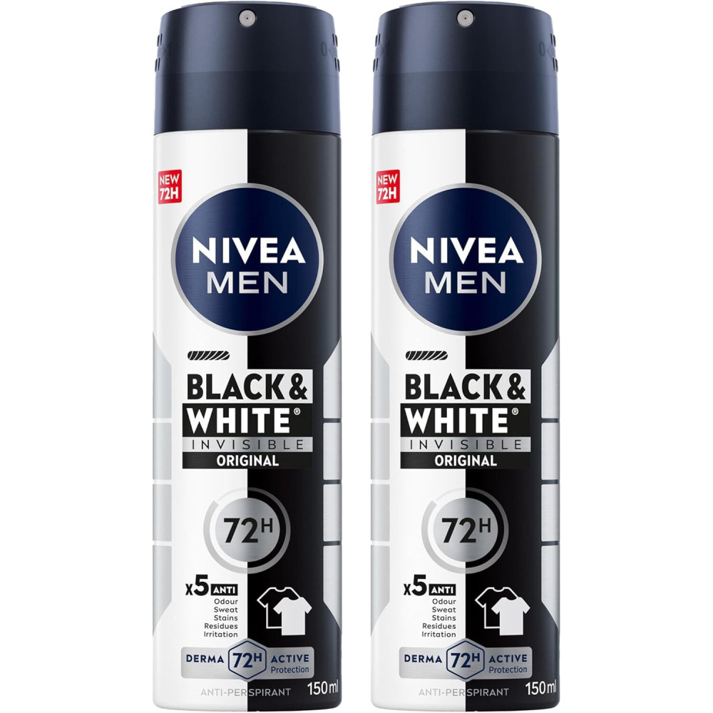 NIVEA MEN Black & White Invisible Deodorant Spray, Original, 72H Active Protection, Stains, Residues & Irritation, 2x150ml - 1