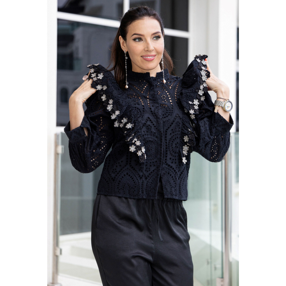 الروح الآسيوية، سترة علوية من الدانتيل باللون الأسود، مقاس صغير (S) - 1