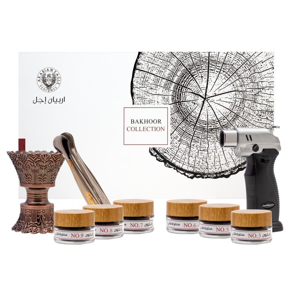 Arabian Eagle Bukhoor Collection Gift Set 6x20gm With Incense Burner, Butane Gas Lighter and Charcoal Tongs (Pack of 9) - 1