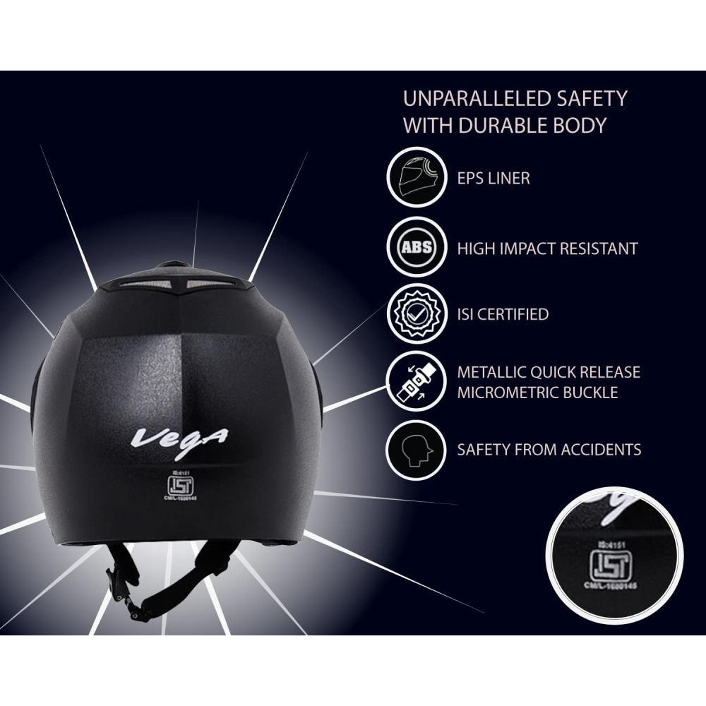 Vega Crux ISI Certified Flip-Up Helmet for Men and Women with Clear Visor (Black, Size: L) - 7