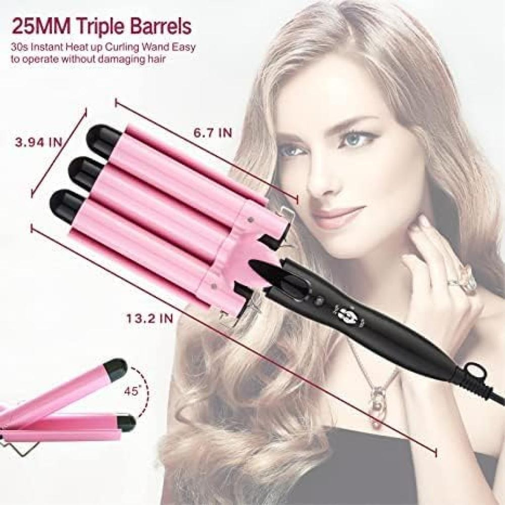 GStorm - 3 Barrel Curling Iron - 1 inch Triple Three Hair Waver Temperature Adjustable hair Iron and Curler Hair Crimper, Fast Heating - PINK - 3