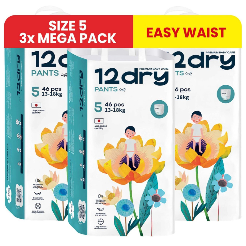 12dry Pants Easy Waist (size 5, 13-18 kg, 138 Count) For Babies With Round Tummies 100% Ultra-absorbent Japanese, Thin Breathable Extra Soft Waistband - 1
