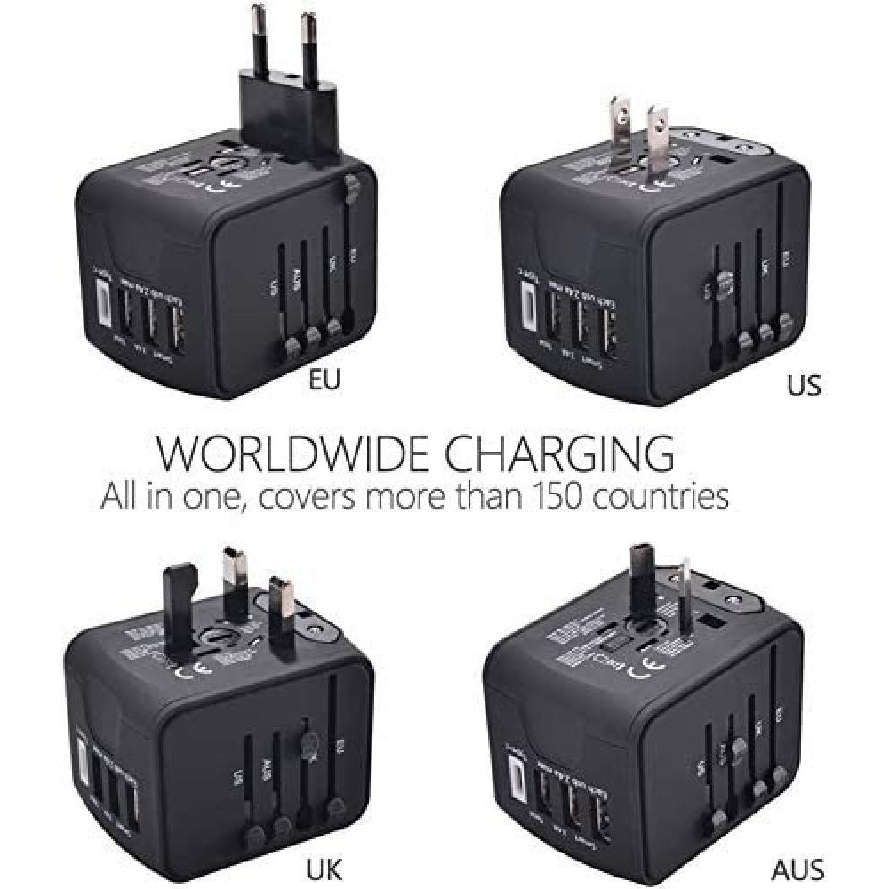 SHOWAY / Charging cable, Universal travel adapter with 3 USB + 1 Type-C, Black - 3