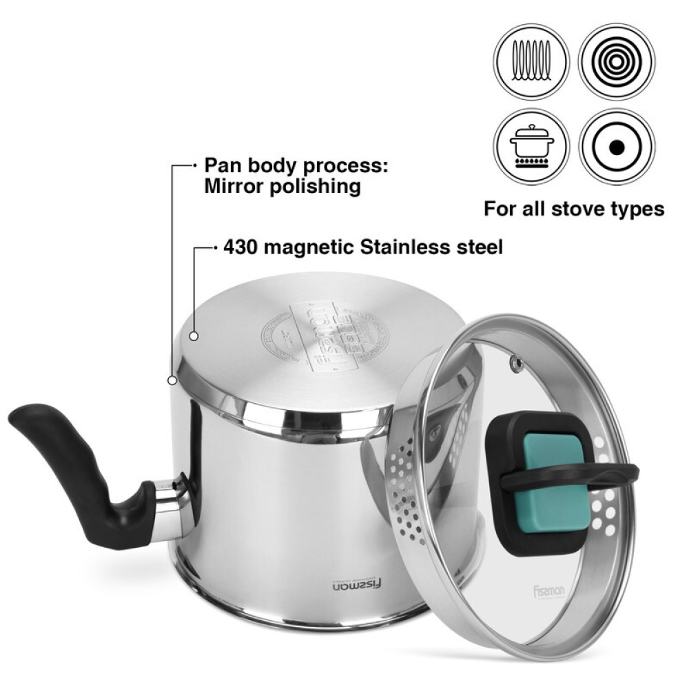 Fissman Milk Pot 16cm/2.5LTR With Glass Lid Stainless Steel - 3