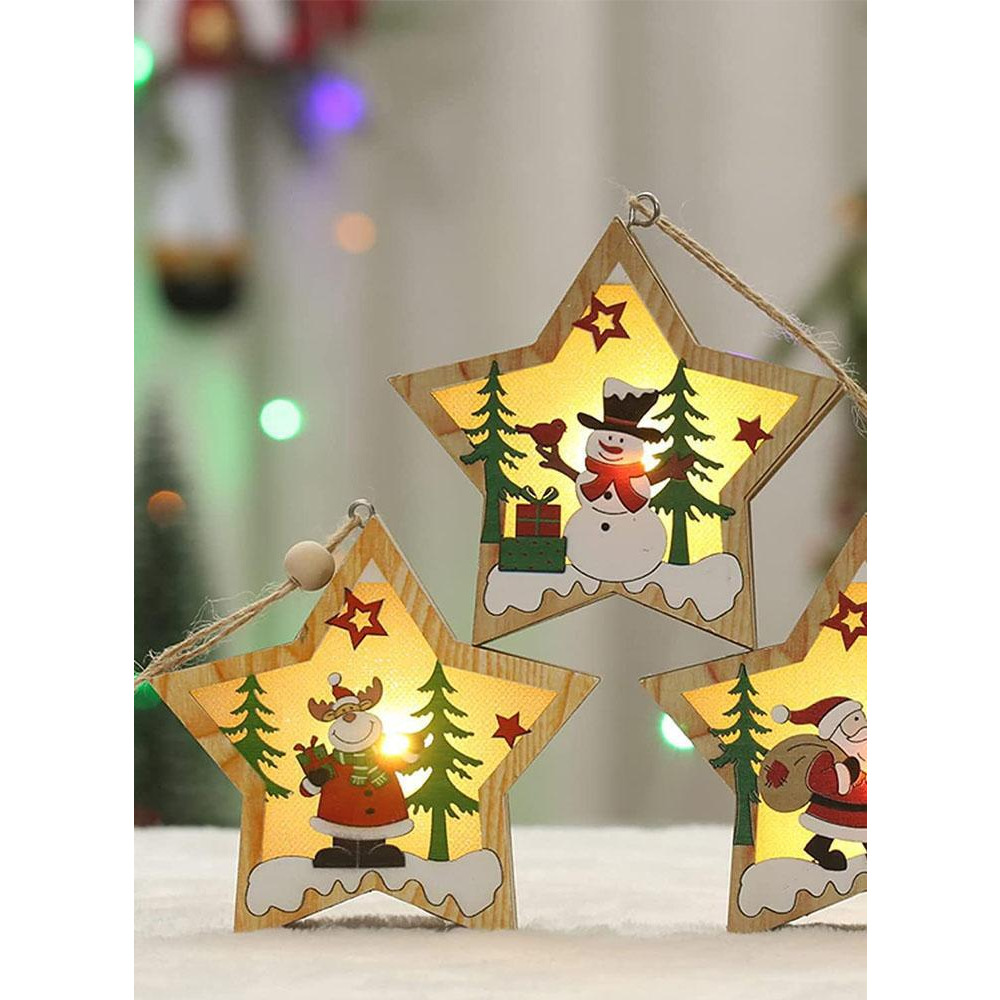 Set of 3 Wooden Star Christmas Tree Hanging Pendants with Lights Santa Claus, Deer, and Snowman Designs for New Years Party and Fireplace Decoration - 4