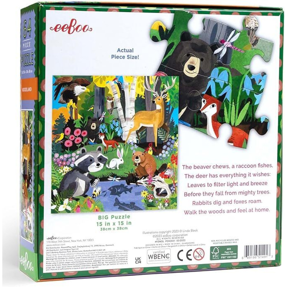 eeBoo: Woodland - 64 Piece Puzzle - 15 x 15 Kids Square Jigsaw, Glossy Pieces, Ages 5+ - 2