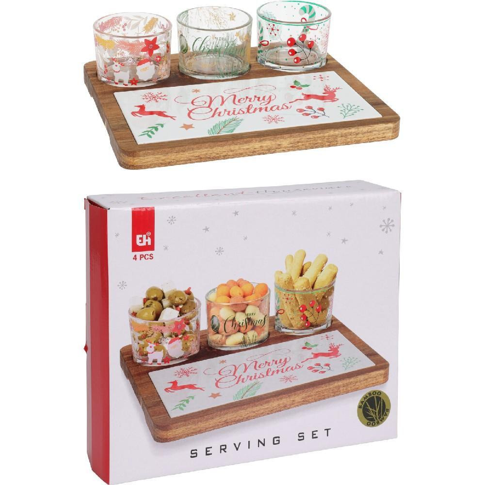 Koopman Xmas Serving Set of 4 On Acacia Tray - 1