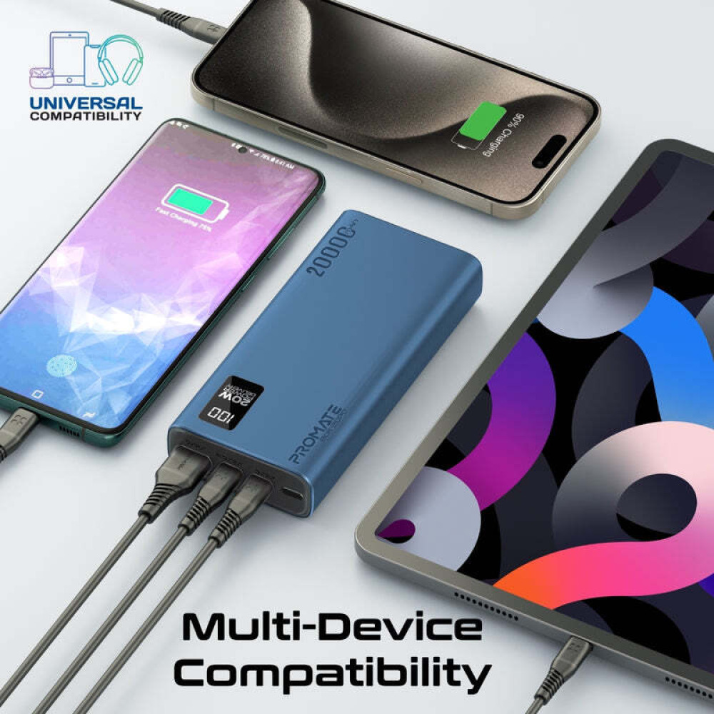 بنك طاقة ذكي مدمج من بروميت مزود بمنفذي USB-C Pd بقوة 20 وات ومنفذ Usb-A بقوة 22.5 وات - 5