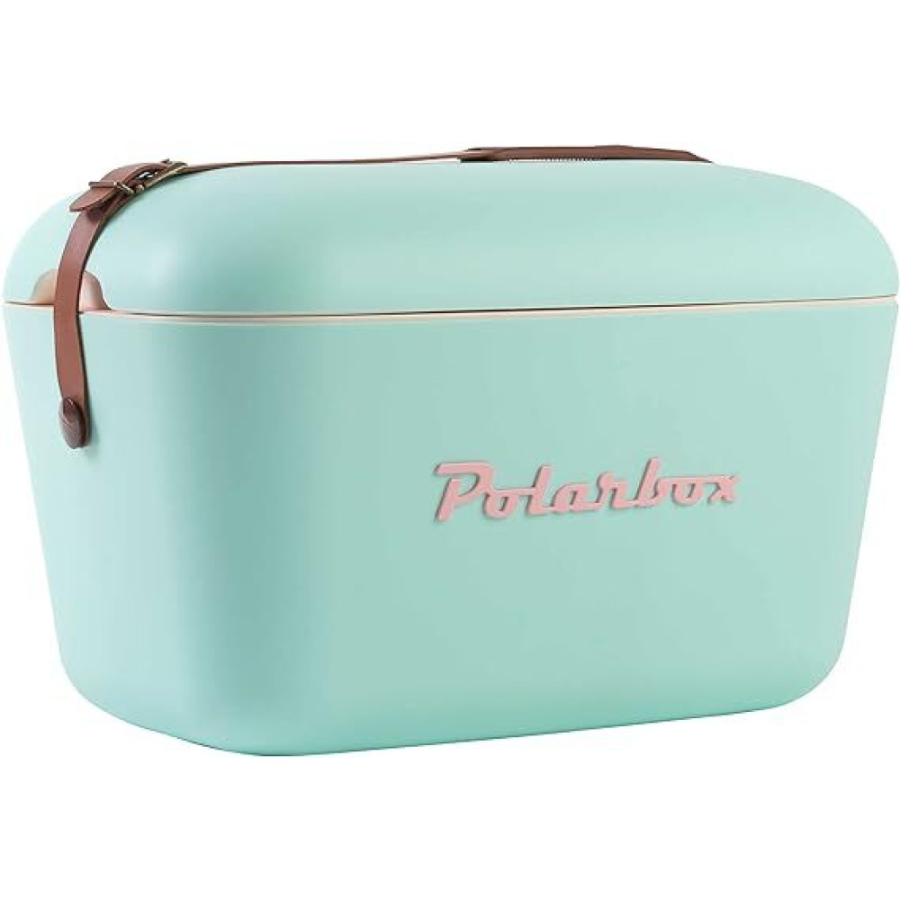 Polarbox Classic Cooler Box with Leather Strap, Cyan \& Baby Rose Rigid Thermal Insulated Ice for Beach, Picnic Party,  12L, Cyan \& Baby Rose  - 3
