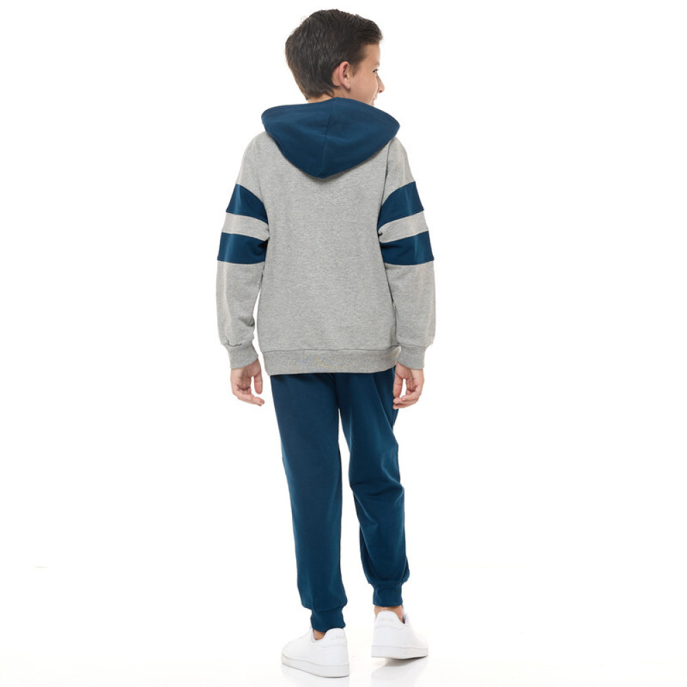 طقم مكون من قطعتين من هودي وبنطال رياضي للأولاد (9-10 سنوات) باللون الرمادي العسكري/الأزرق الداكن - 3
