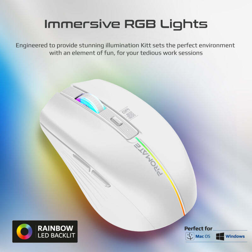 Promate Kitt 2.4GHz Wireless Ergonomic Optical Mouse with LED Rainbow Lights - 6