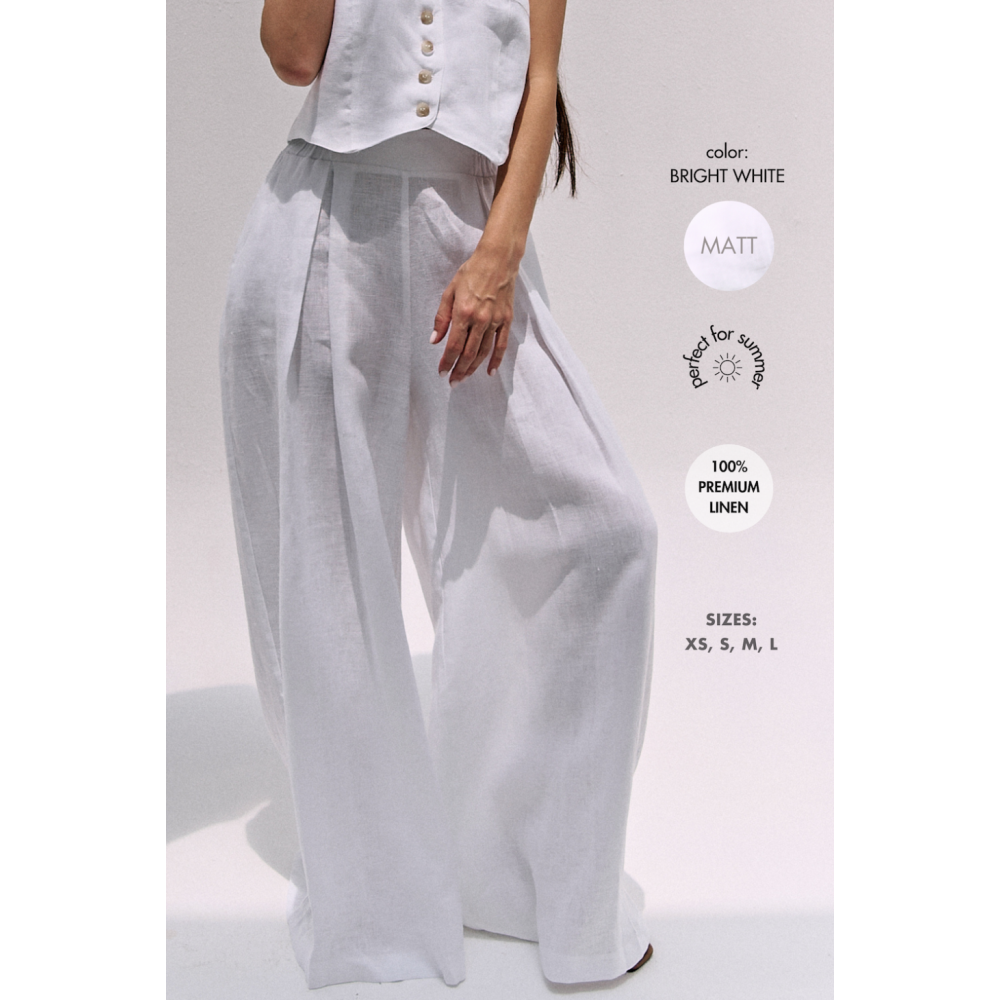 Linen Palazzo Trousers, White (l) - 6
