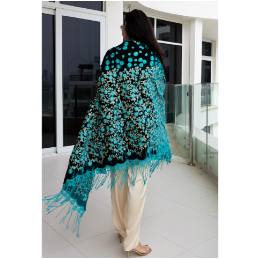 Asian Spirit, Turquoise Sakura Velvet Cape Jacket, Free size (XS-XL) - 5