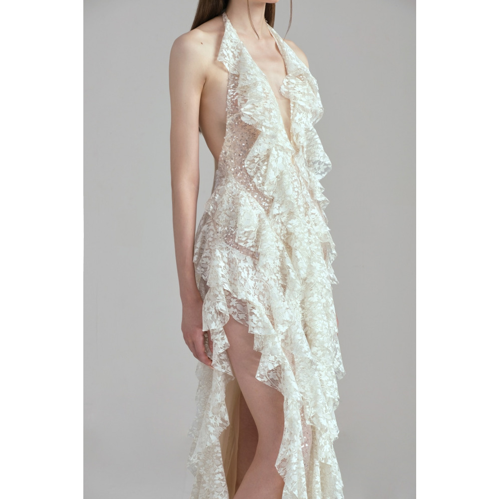 Dress Santorini  Halter V Neck Ruffle Ruched, Maxi, Cream, size M - 3