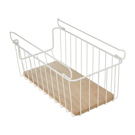 iDesign Wire and Paulownia Wood Open Front Bin 16 x 8 x 6 inch