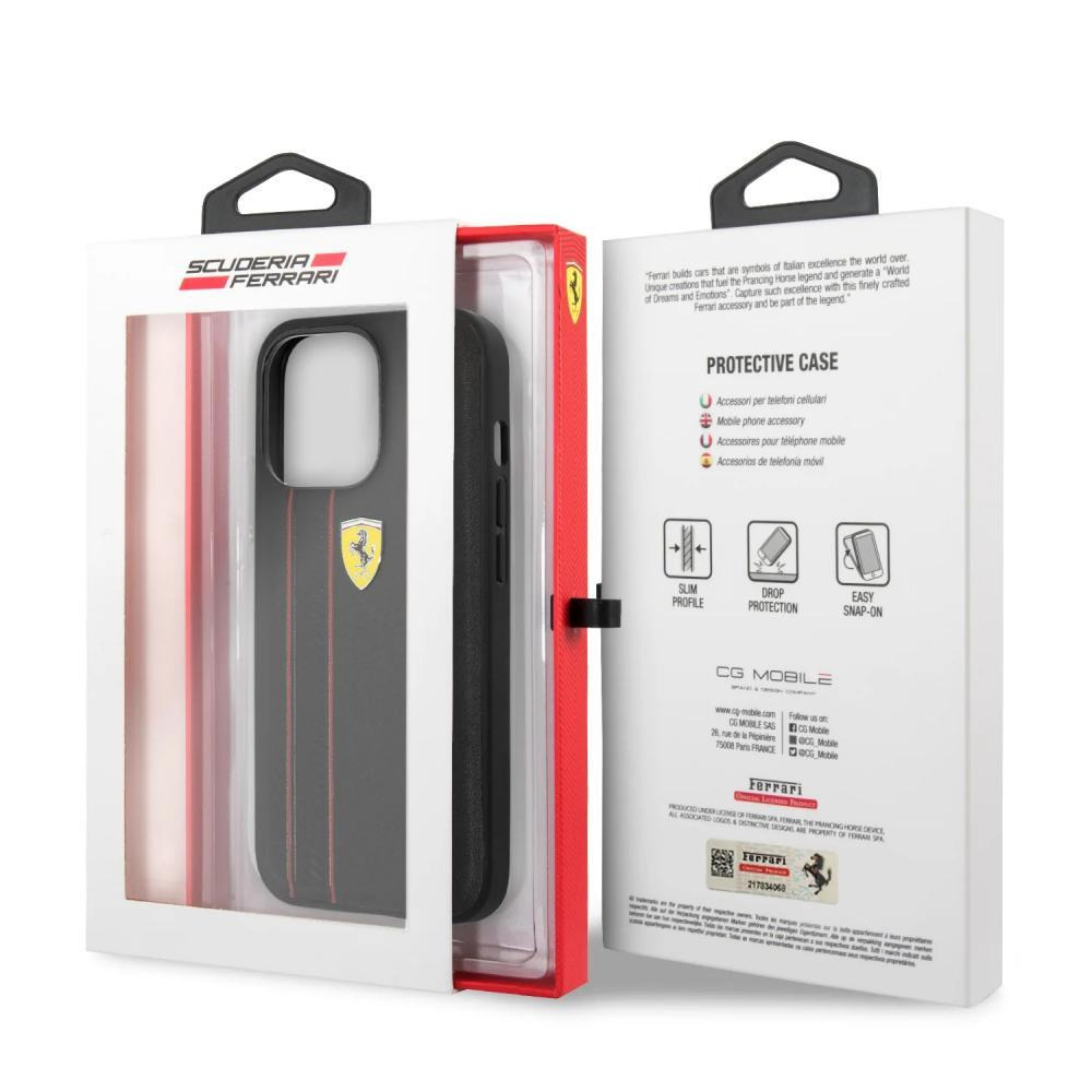 Ferrari Genuine Leather Hard Case With Debossed Stripes, iPhone 13 Pro Max, Black - 3