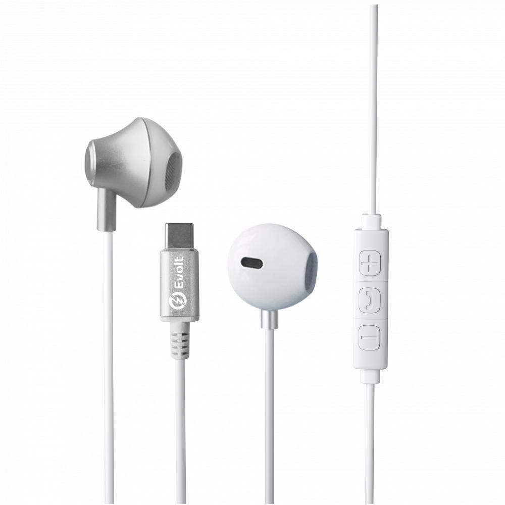 Evolt WSH-200 Wired Stereo Headset with TYPE C Connector WHITE and Snug fit Earbuds Design - 1