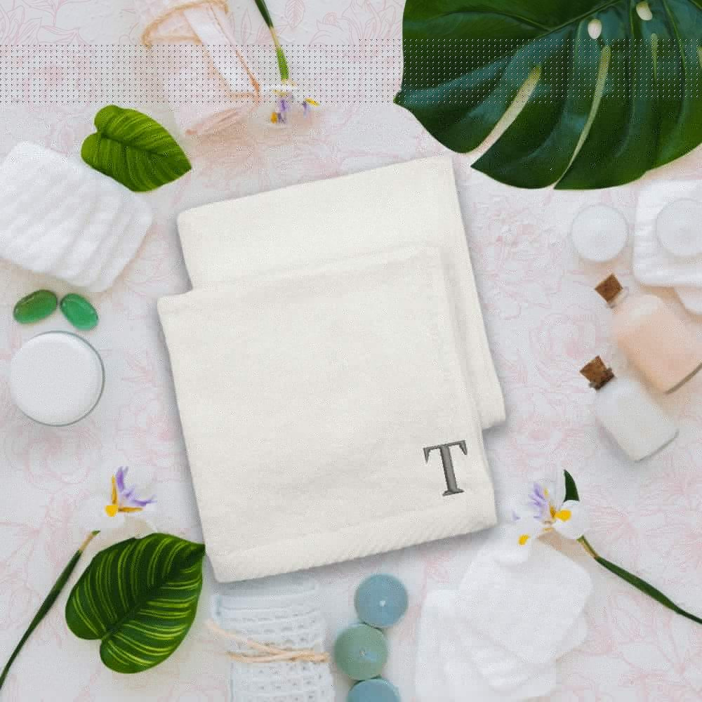 BYFT Embroidered For You Monogrammed Face Towel (33 x 33 Cm - Set of 6) Silver Thread Letter "T" - 3