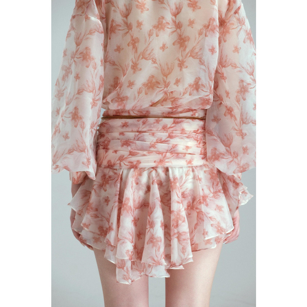 Mini Dress Bali Floral Chiffon with Puffball Puff Sleeve, Light Pink, size L - 4
