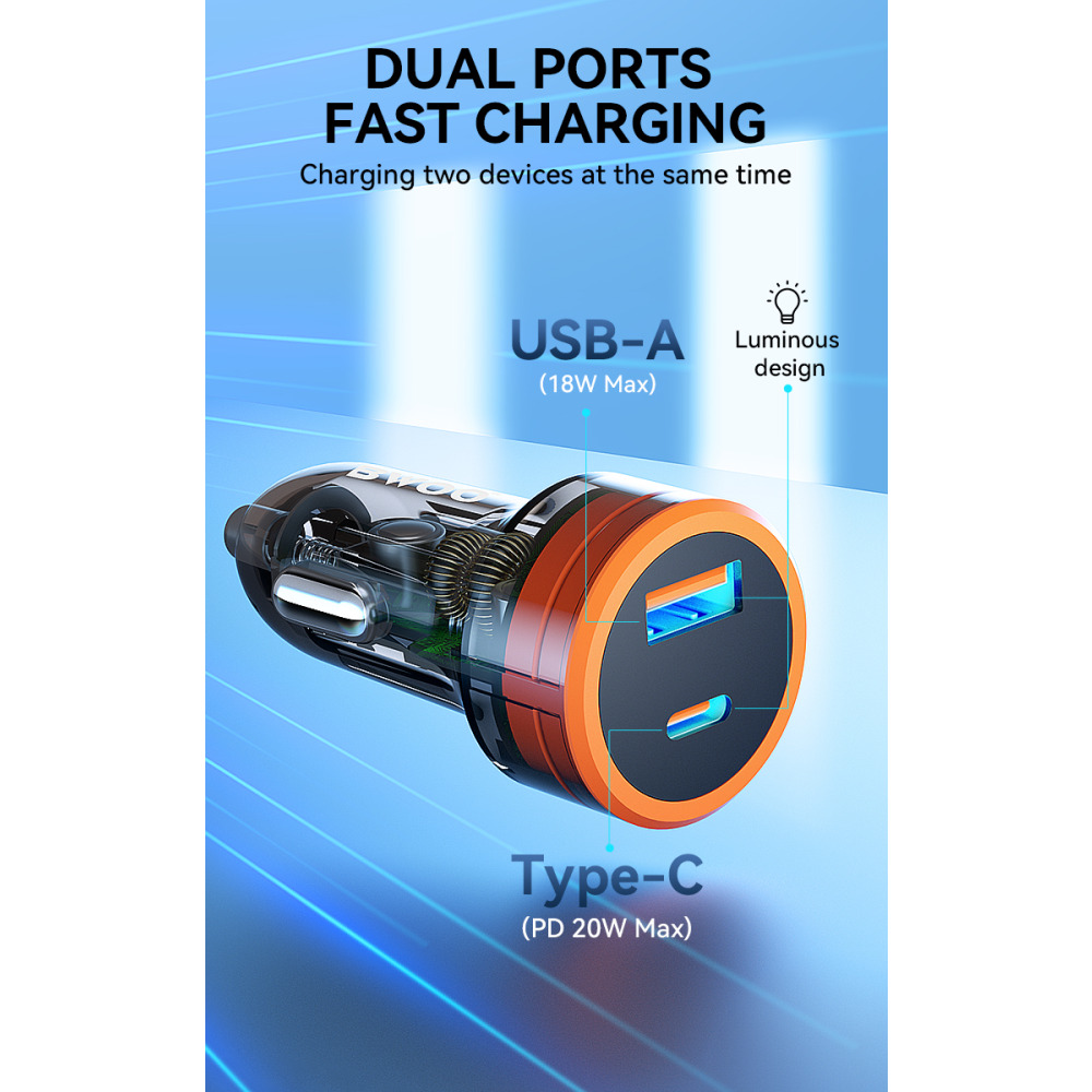 Bwoo 38W USB-A+USB-C 2 in 1 Transparent Car Fast Charger - 6