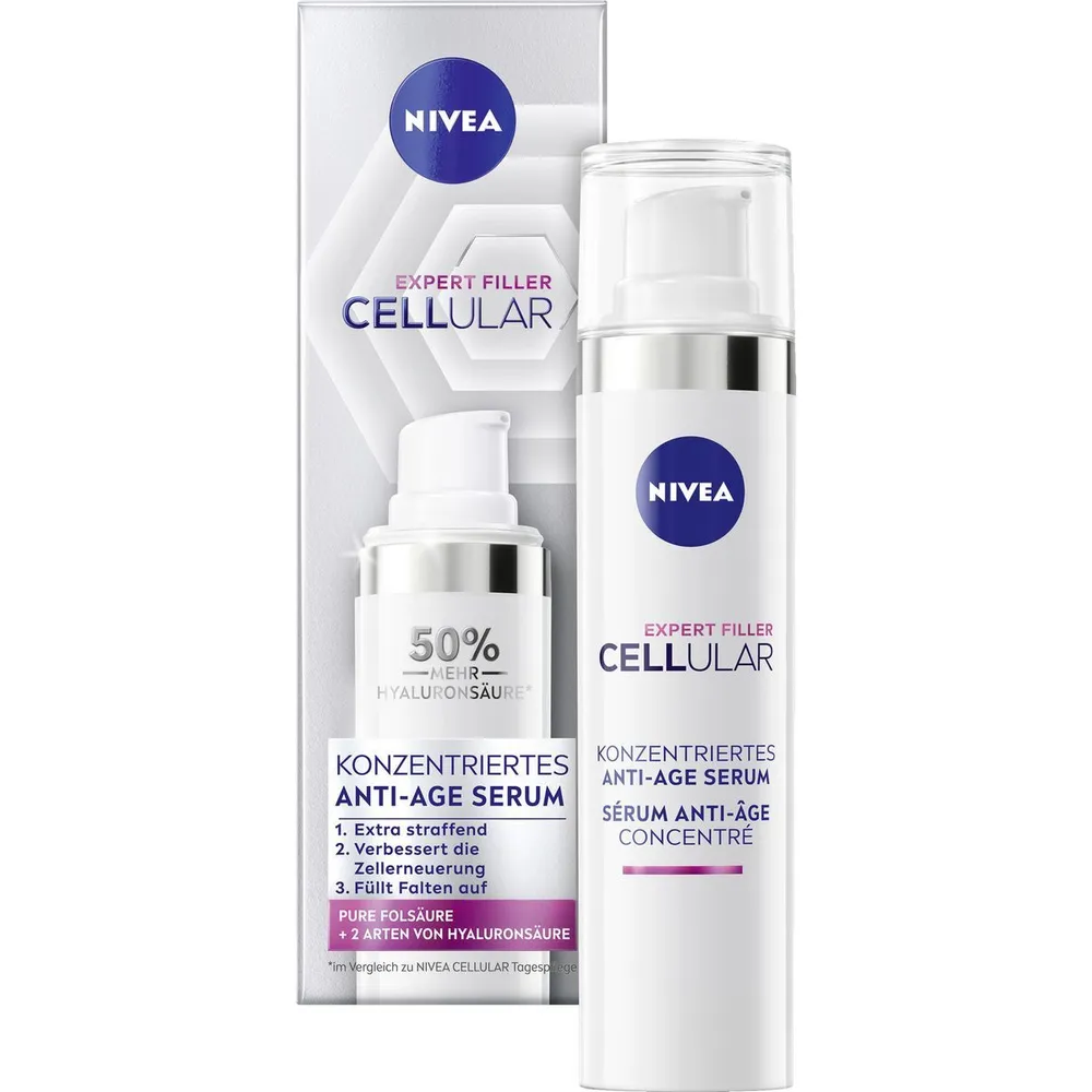 NIVEA, Концентрированная антивозрастная сыворотка, ПРОТИВ Морщин, гиалуроновая и фолиевая КИСЛОТА, 40 мл - 1