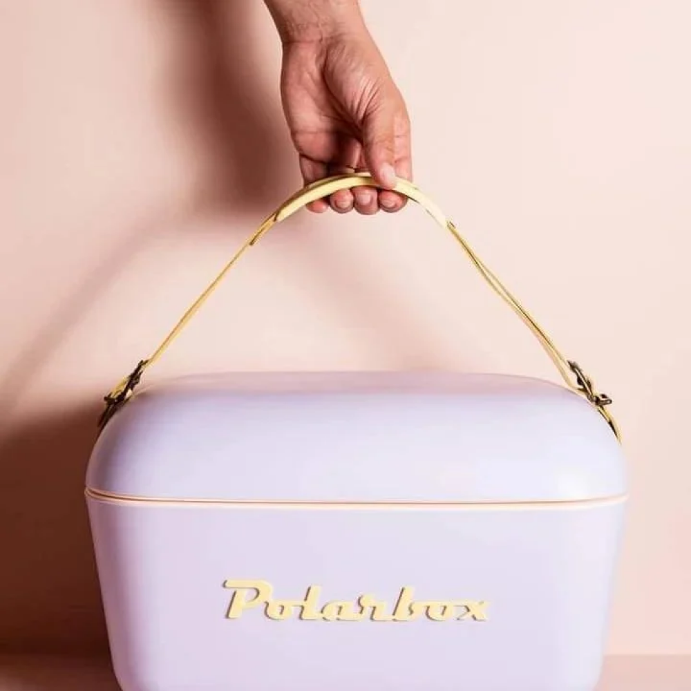 Polarbox 20L Classic Cooler Box with Leather Strap, Rigid Thermal Insulated Ice for Beach, Picnic Party, Nude\/Olive PB-9259, Lilac - Yellow - 4