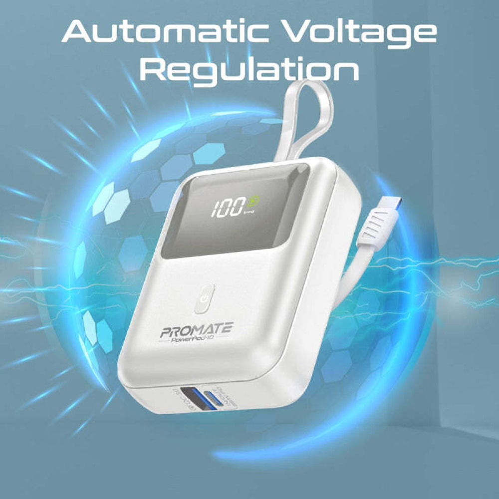 Promate PowerPod-10 Ultra Compact 35W SuperSpeed™ Power Bank with Built-In USB-C Cable - 5