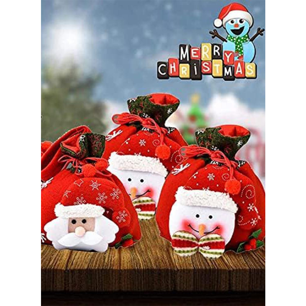 Drawstrings Gift Bags, Reusable Fabric 3D Goodie Bags Set of 3, Snowman Elk Wrapping Bags, Treat Bags Pouches Candy Pockets for New Year and Holidays - 3