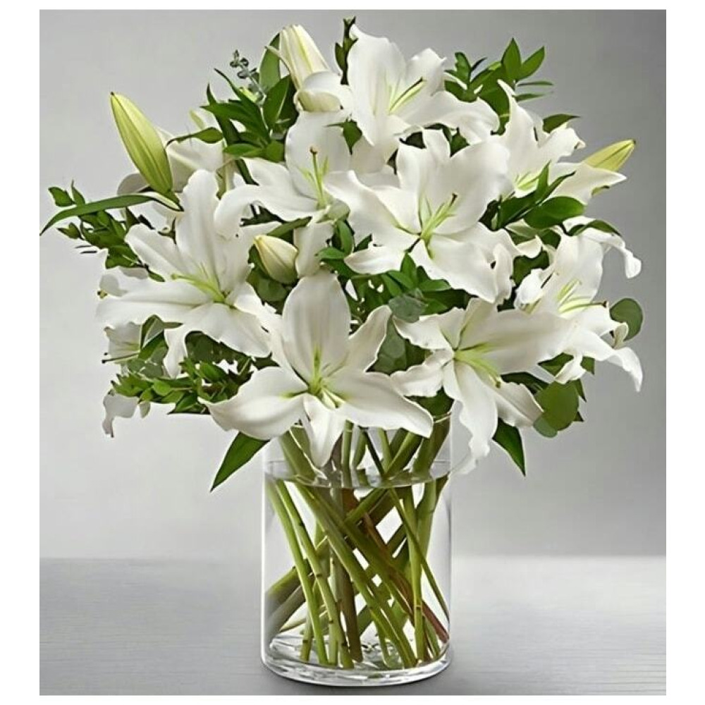Wondrous White Lilly Bouquet - Elegant White Lilies in Vase - 1