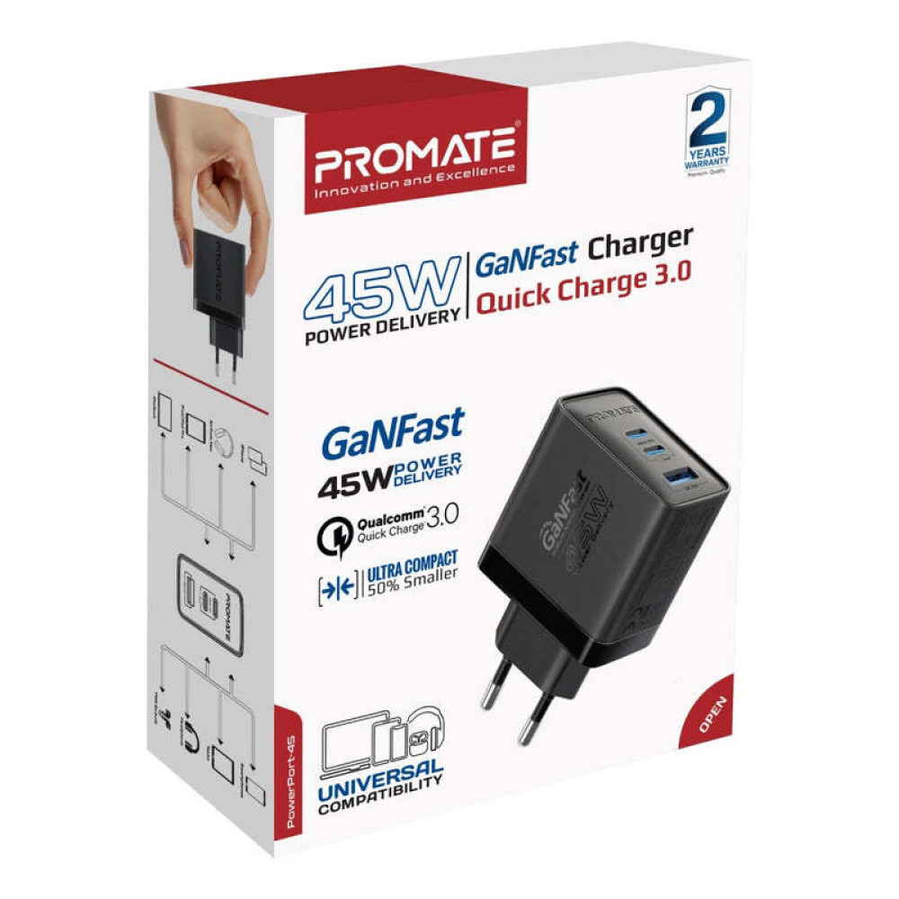 Promate 45W Power Delivery GaNFast™ Charger with Quick Charge 3.0 - 7