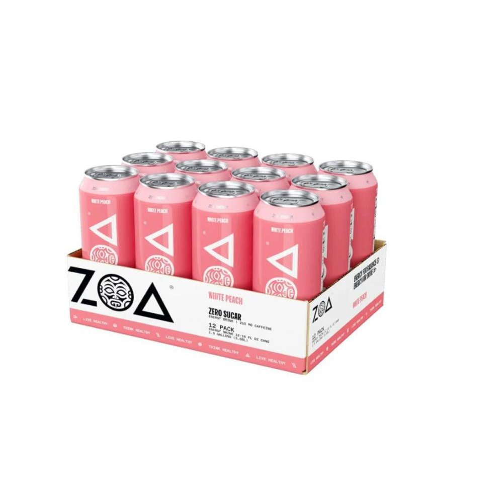 ZOA Zero Sugar Energy Drinks - Healthy Energy Formula with Vitamins, Antioxidants, Natural Caffeine - White Peach, 16 Ounce (Pack of 12) - 1
