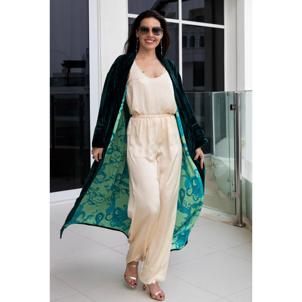 Asian Spirit, Deep Turquoise Velvet Abaya Jacket, Free size (XS-XL) - 4