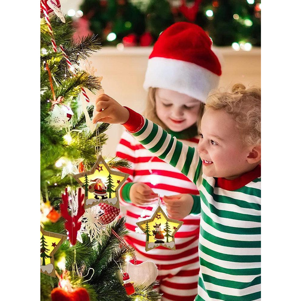 Набор из 3 Подвесных Подвесок На Елку С Деревянными звездами И Лампочками В СТИЛЕ санта-клауса, Оленя И снеговика Для Новогодней Вечеринки и Украшения - 7