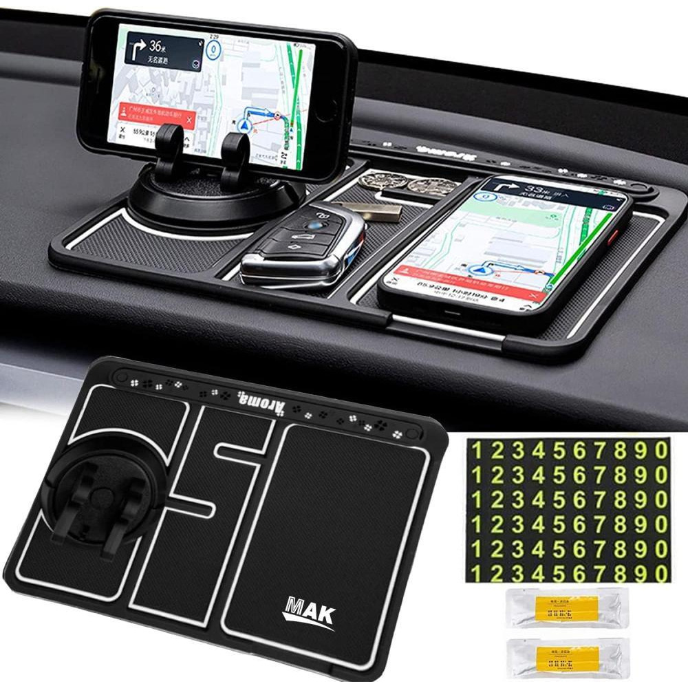 MMAK Anti-Slip Car Dashboard Mat and Mobile Phone Holder Mount with Car Perfume - Universal Non Slip Sticky Rubber Pad with 2 Aroma Sticks and Radium - 1