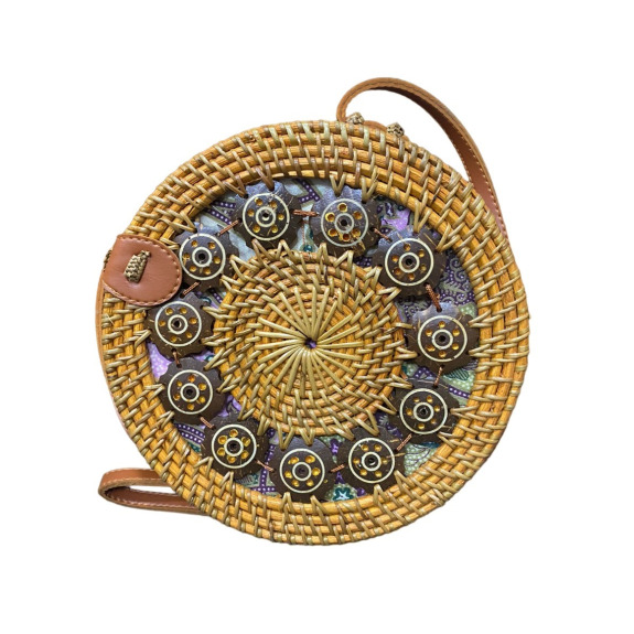 Handwooven round coconut shell rattan designed women bag
