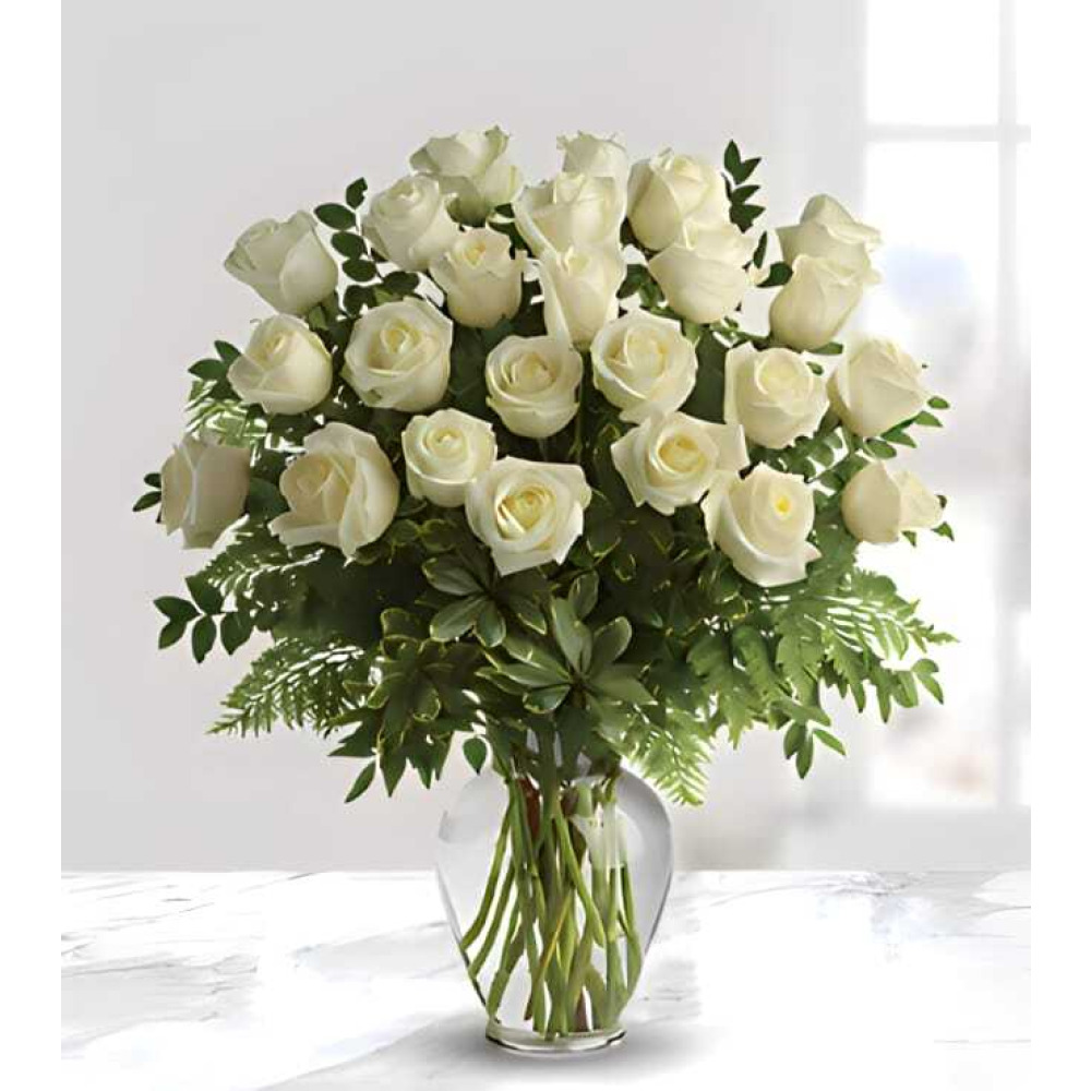 Shimmering White Vase - Elegant Holiday Flower Arrangement with 20 Roses - 1