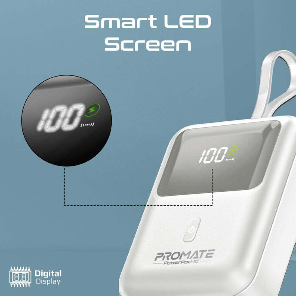 Promate PowerPod-10 Ultra Compact 35W SuperSpeed™ Power Bank with Built-In USB-C Cable - 2