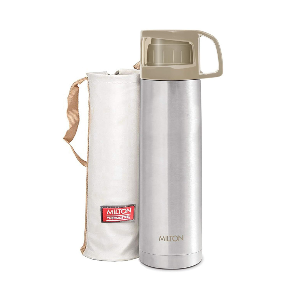 Milton Glassy 1000 Thermosteel 24 Hours Hot and Cold Water Bottle with Drinking Cup Lid, 1 Litre, Grey - 1