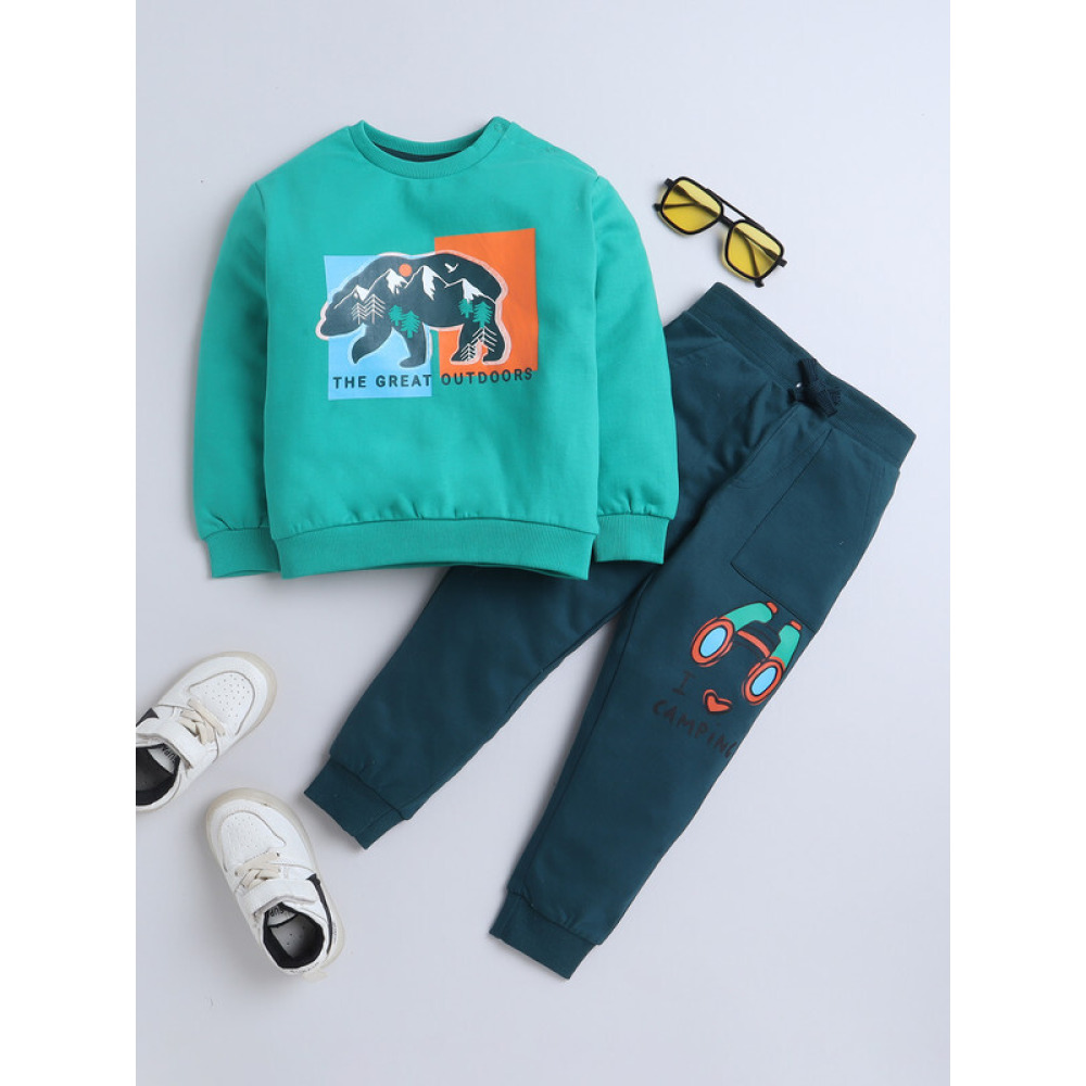 طقم مكون من قطعتين للأولاد - سويت شيرت وبنطال رياضي، (12-18 شهرًا) أخضر فاتح-أخضر غامق - 5