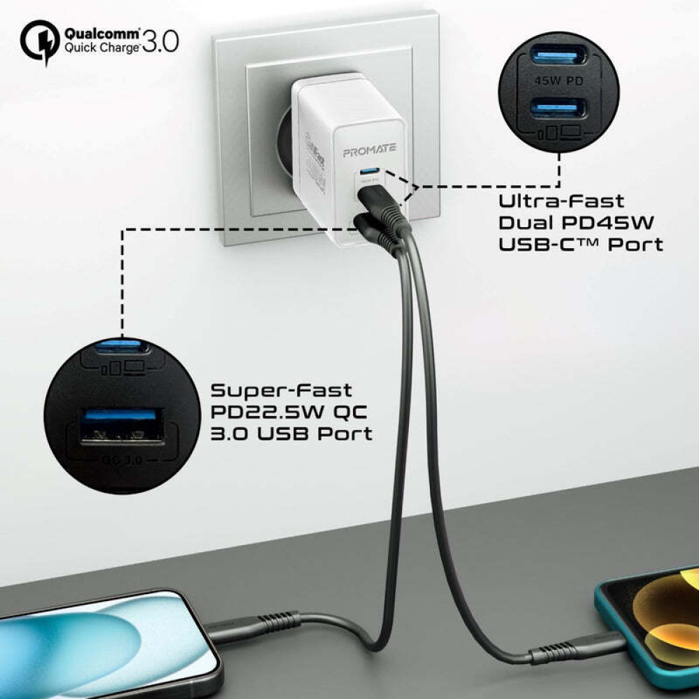 Promate 45W Power Delivery GaNFast™ Charger with Quick Charge 3.0 - 5