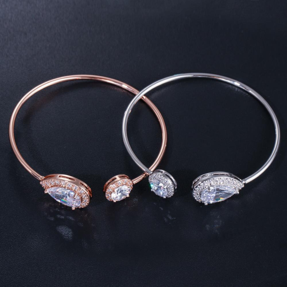 أساور مفتوحة من الذهب الوردي والفضة على شكل كمثرى مستديرة من الزركونيا المكعبة والكريستال الرقيقة - 3