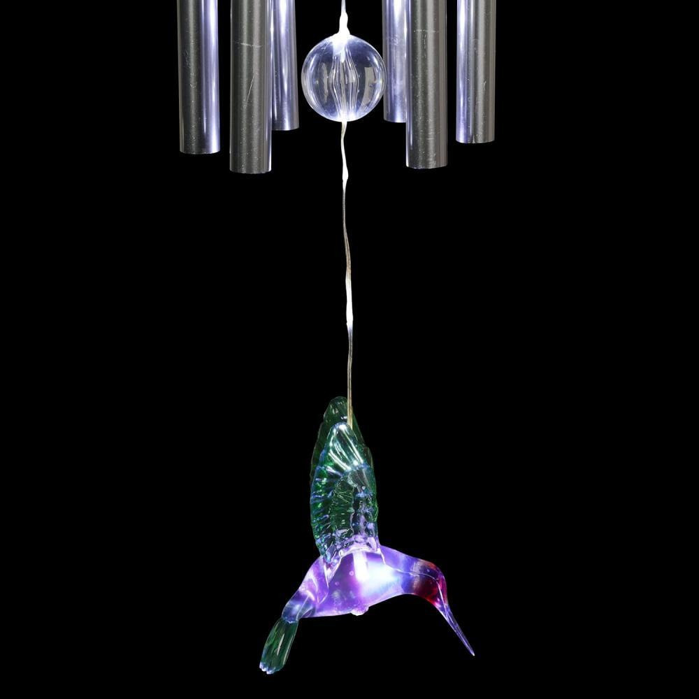 Exhart Solar Flower Wind Chime with 8 White LEDs Green Hummingbird - 3