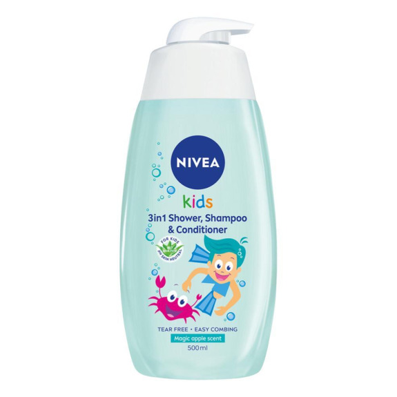 NIVEA, Kids 3in1 Shower, shampoo and conditioner, Bio aloe vera, Apple scent, 16.91 fl. oz. (500 ml)