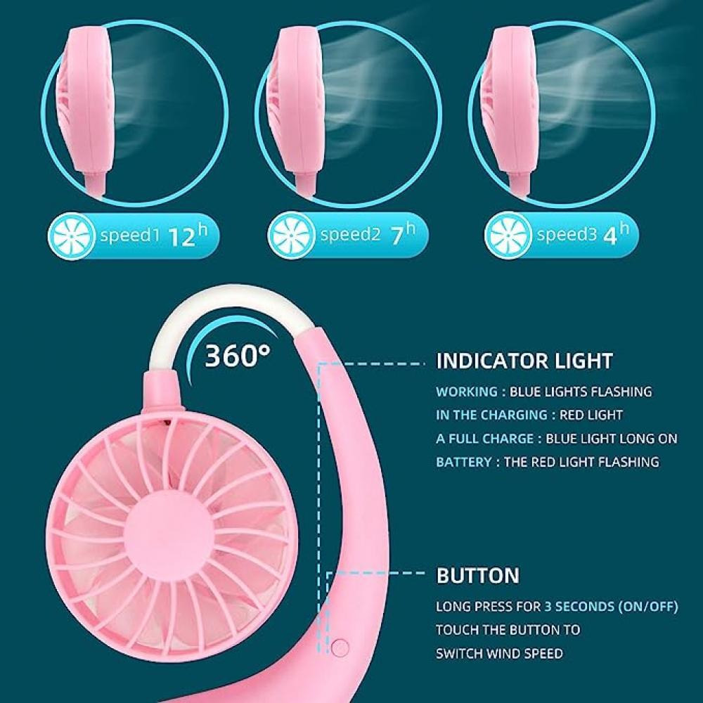 Portable Neck Fan, USB Rechargeable Fan, Hands Free Mini Personal Wearable Necklace Fan can Rotate 360Freely with Dual Wind Head and 3 Level Air Flow  - 2