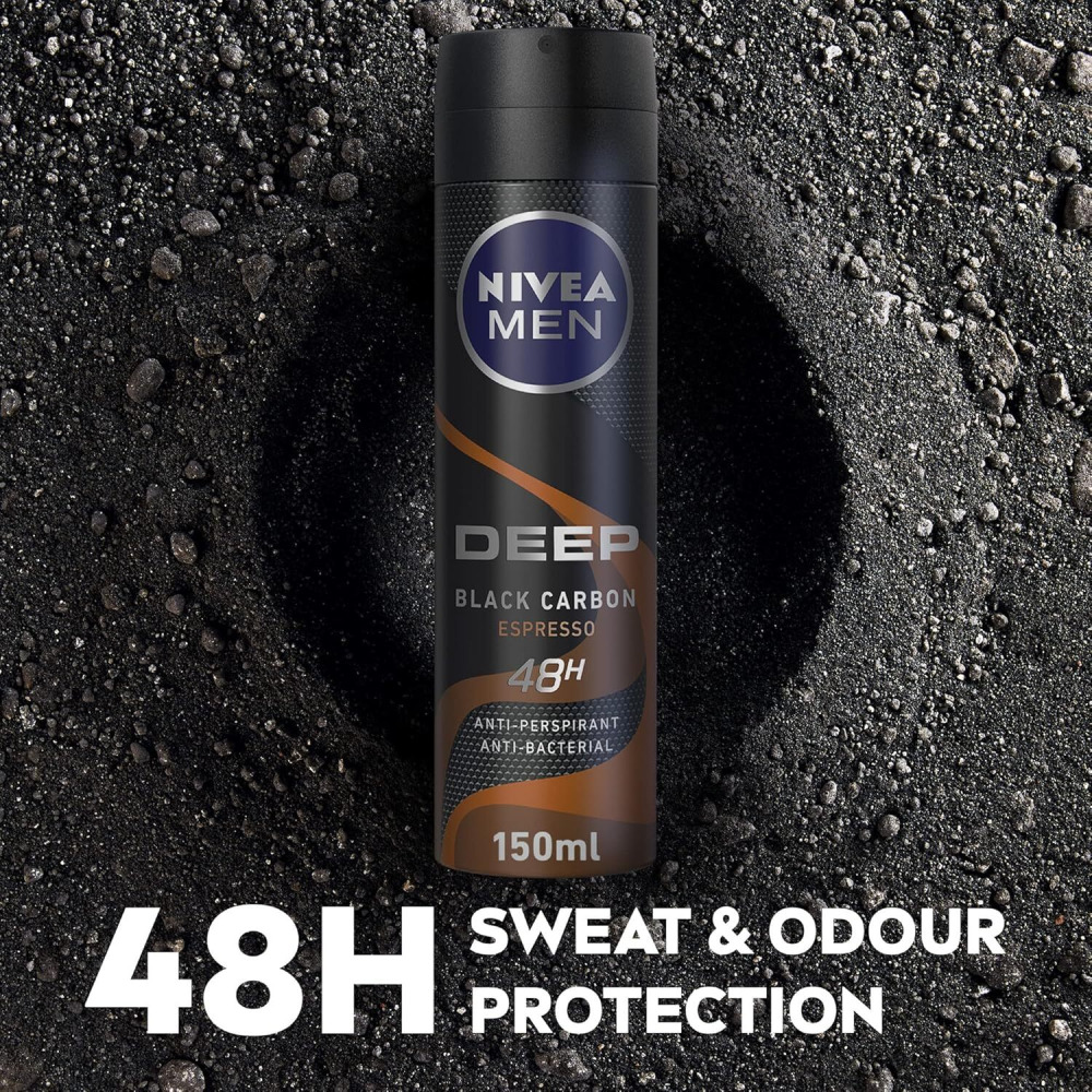 NIVEA MEN Antiperspirant Spray for Men, 48h Protection, DEEP Black Carbon Antibacterial, Espresso Scent, 2x150ml - 2